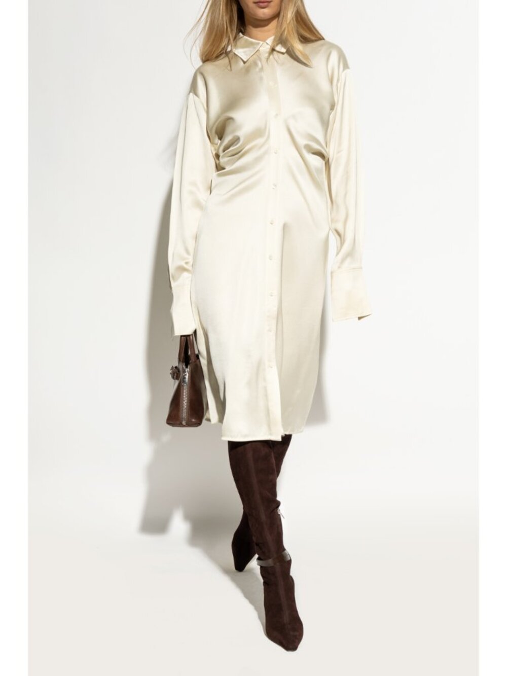 TOTEME Cream Slouched Satin Crepe Shirt Dress Draped EU 40 US 8 Medium